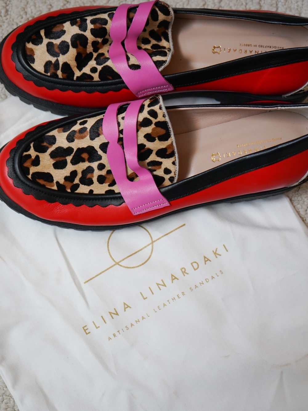 Elina Linardaki Women's Red Leopard-Accent Loafers with Pink Strap